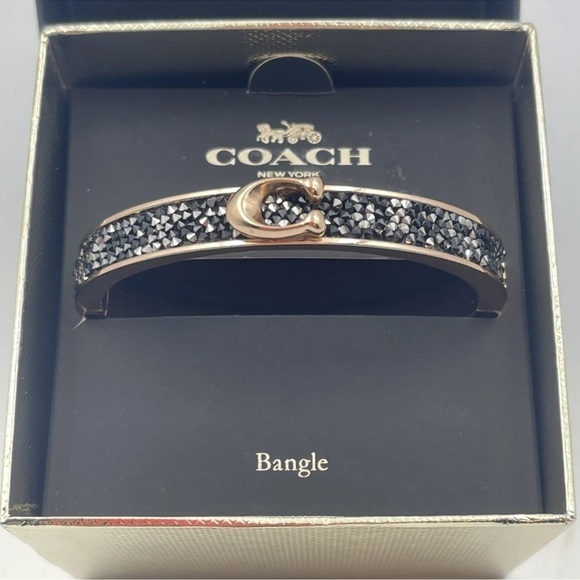 NIB COACH Logo Hinged Bangle Bracelet Rose Gold Tone Black Sprinkle Stone Druzy - Picture 3 of 12